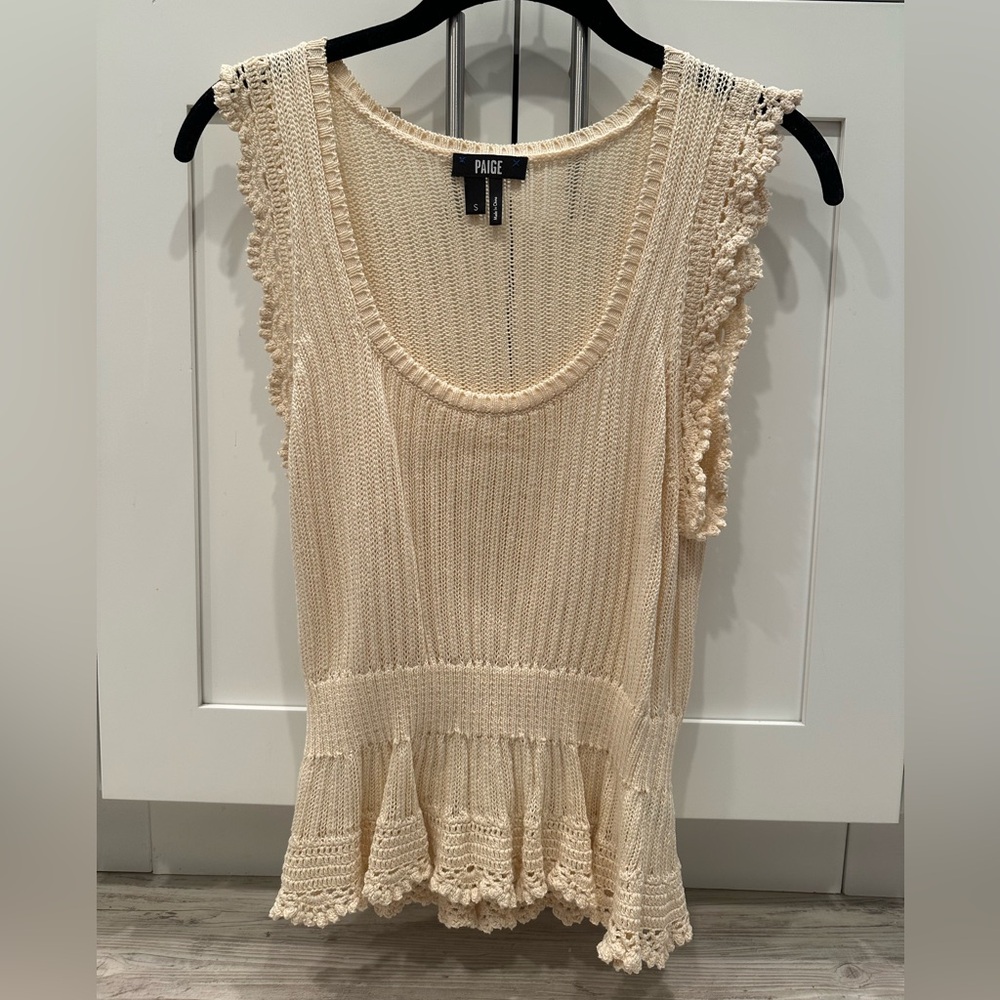 Women’s Small Ammeline Knit Crochet Peplum Top - Oatmeal Ecru Cream - Picture 4 of 14